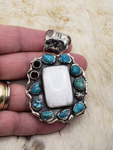 Load image into Gallery viewer, Red Garnets, White Scolecite, and American blue Turquoise with a star accent -Cluster Pendant