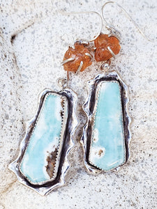 Peach Garnett and Baby Blue Hemimorphite Ruffle Earrings