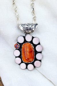 Orange Spiny, Pink Conch and Topaz Cluster Pendant