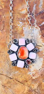 Orange Spiny, Pink Conch and Topaz Cluster Pendant