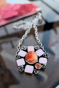 Orange Spiny, Pink Conch and Topaz Cluster Pendant