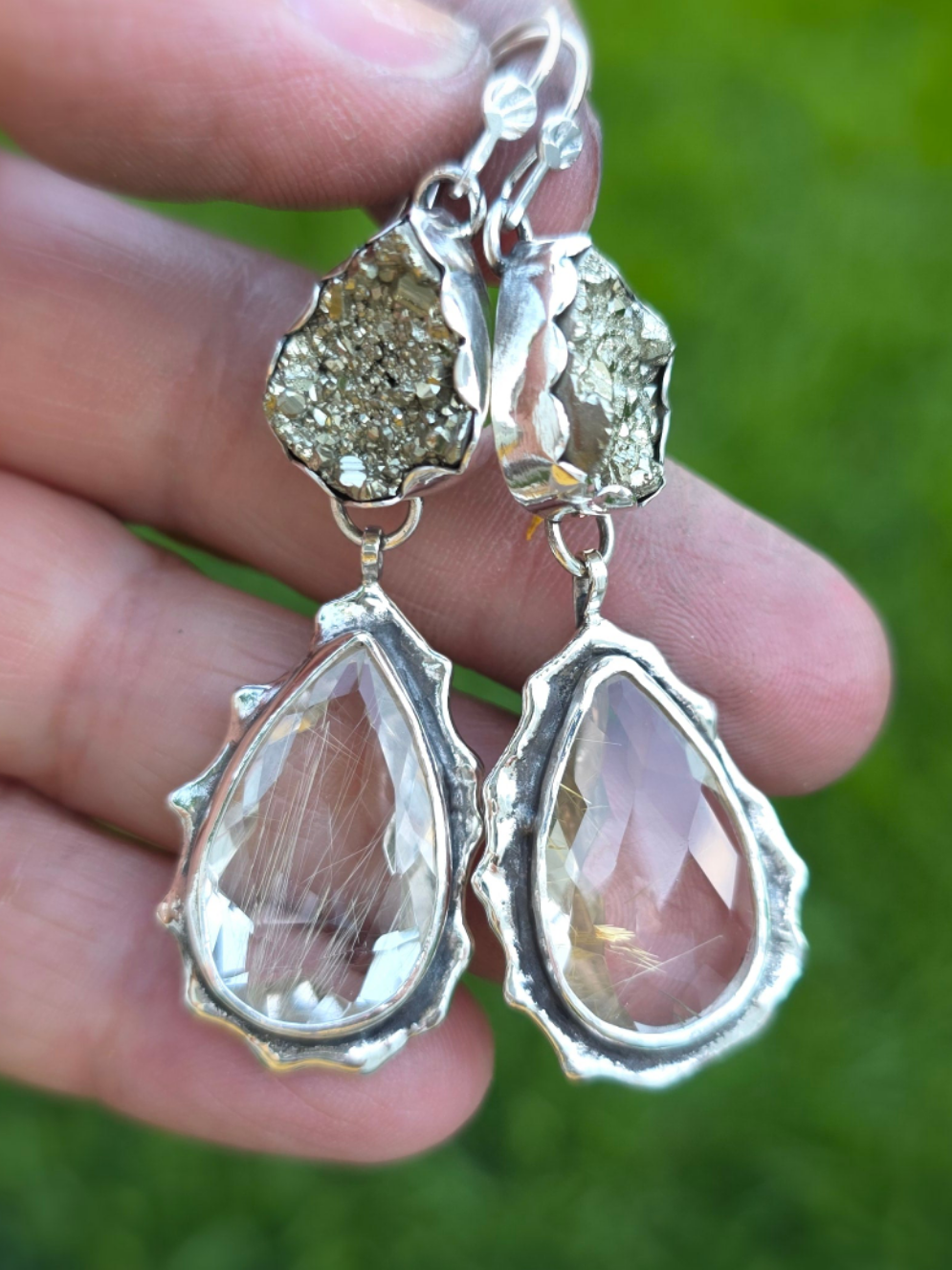 Pyrite and Rutilated Quartz Earrings