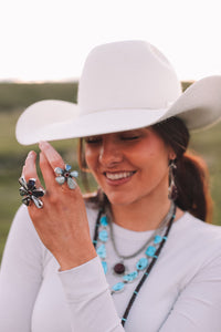 Australian Boulder Opal and Garnet Flower Ring