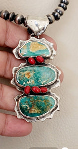 Fox Turquoise and Coral Pendant