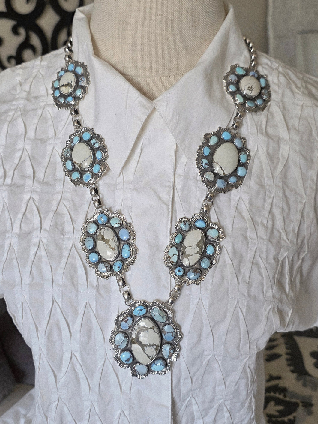 Golden Hills Turquoise,  New Lander, and Moissanite Cluster Necklace