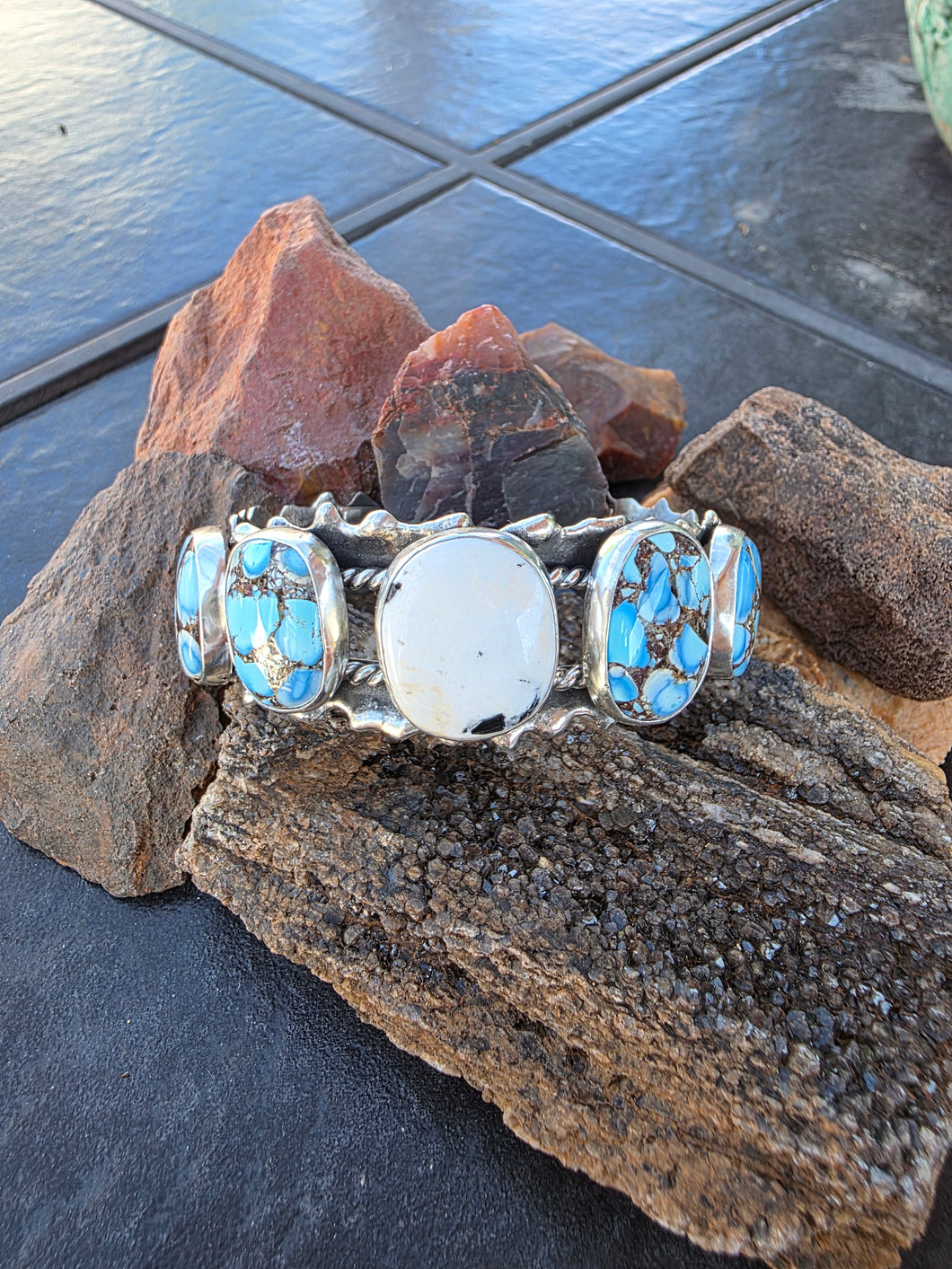 Golden Hills Turquoise and White Buffalo Split Ruffle Cuff