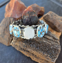 Load image into Gallery viewer, Golden Hills Turquoise and White Buffalo Split Ruffle Cuff
