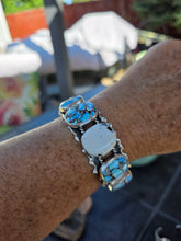 Load image into Gallery viewer, Golden Hills Turquoise and White Buffalo Split Ruffle Cuff
