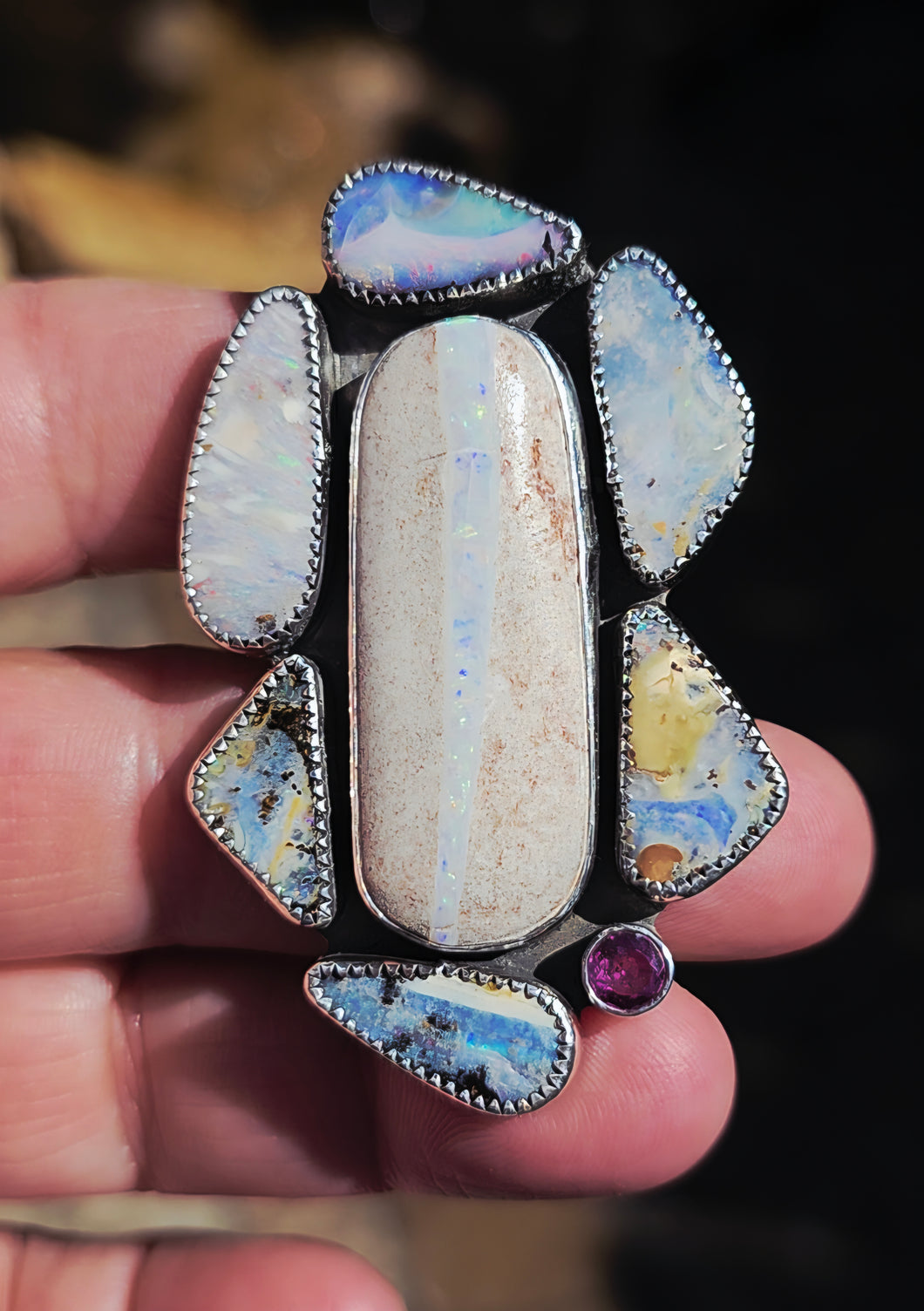 Australian Boulder Opal and Ruby Ring
