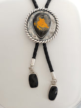 Load image into Gallery viewer, Bumble Bee Jasper Ladies Bolo Tie with Faceted Black Onyx Auguillettes
