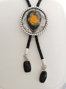 Bumble Bee Jasper Ladies Bolo Tie with Faceted Black Onyx Auguillettes