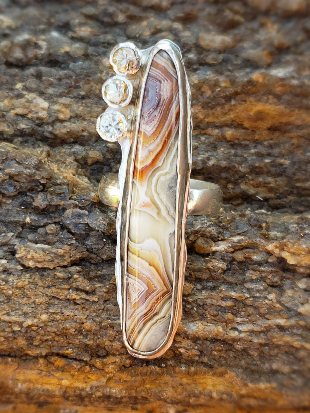 Crazy Lace Agate Ring with Zircon Gemstones