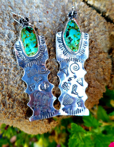 Graffiti Stamped Lucky Pieces Collection: Sterling Silver and Royston Turquoise Dangle Earrings