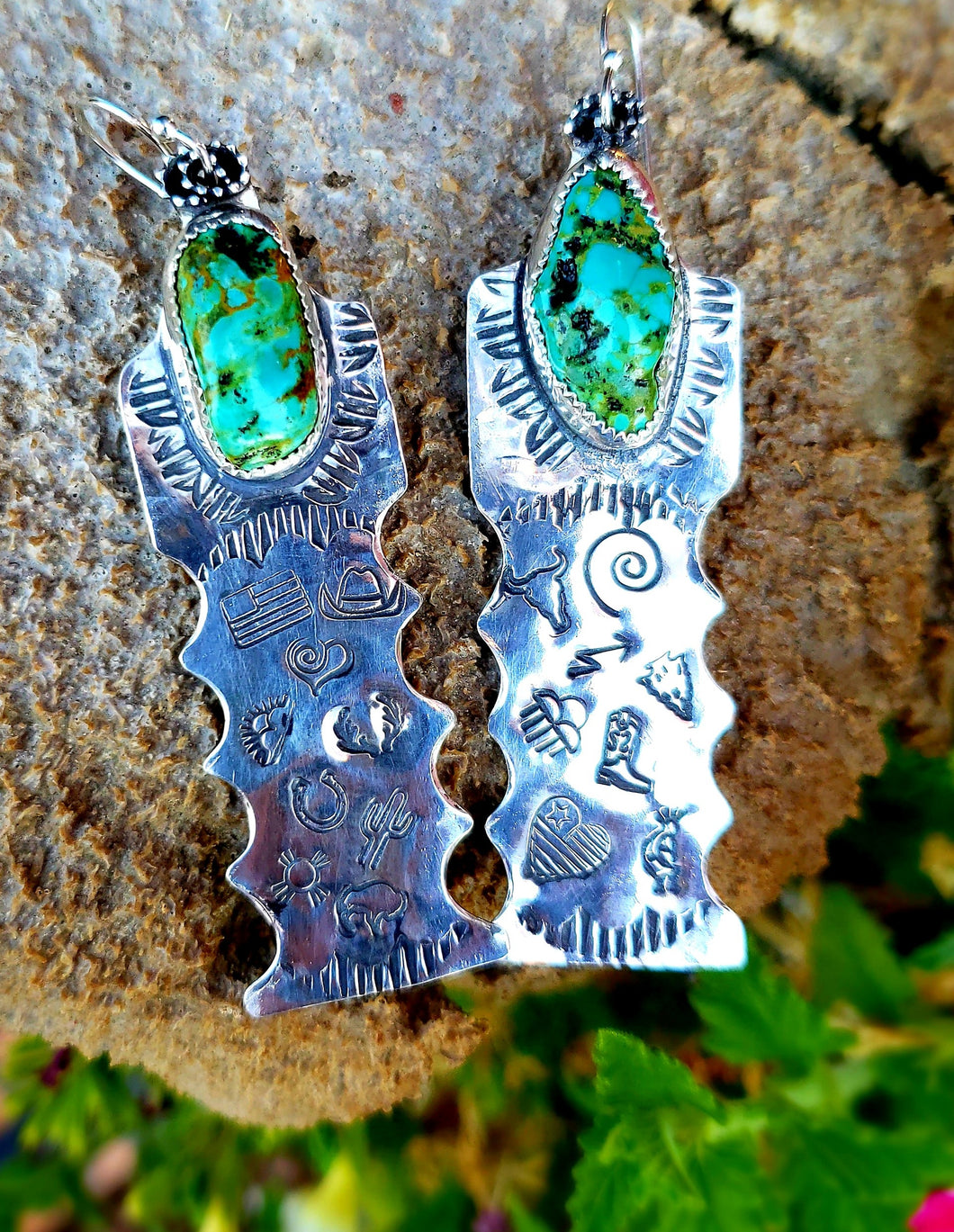 Graffiti Stamped Lucky Pieces Collection: Sterling Silver and Royston Turquoise Dangle Earrings