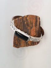 Load image into Gallery viewer, Graffiti Stamped Silver and Onyx Bracelet Cuff
