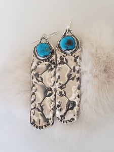 Stamped and Repousse Sterling Silver and Kingman Turquoise Dangle Earrings