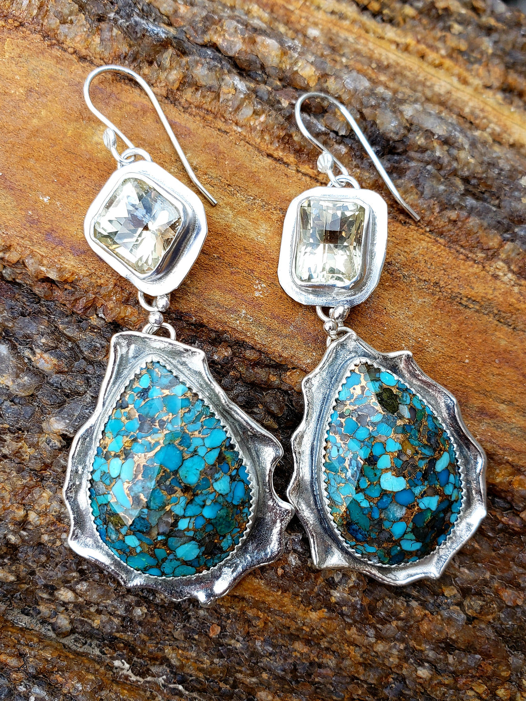 Golden Labradorite and Faceted Kingman Turquoise Earrings