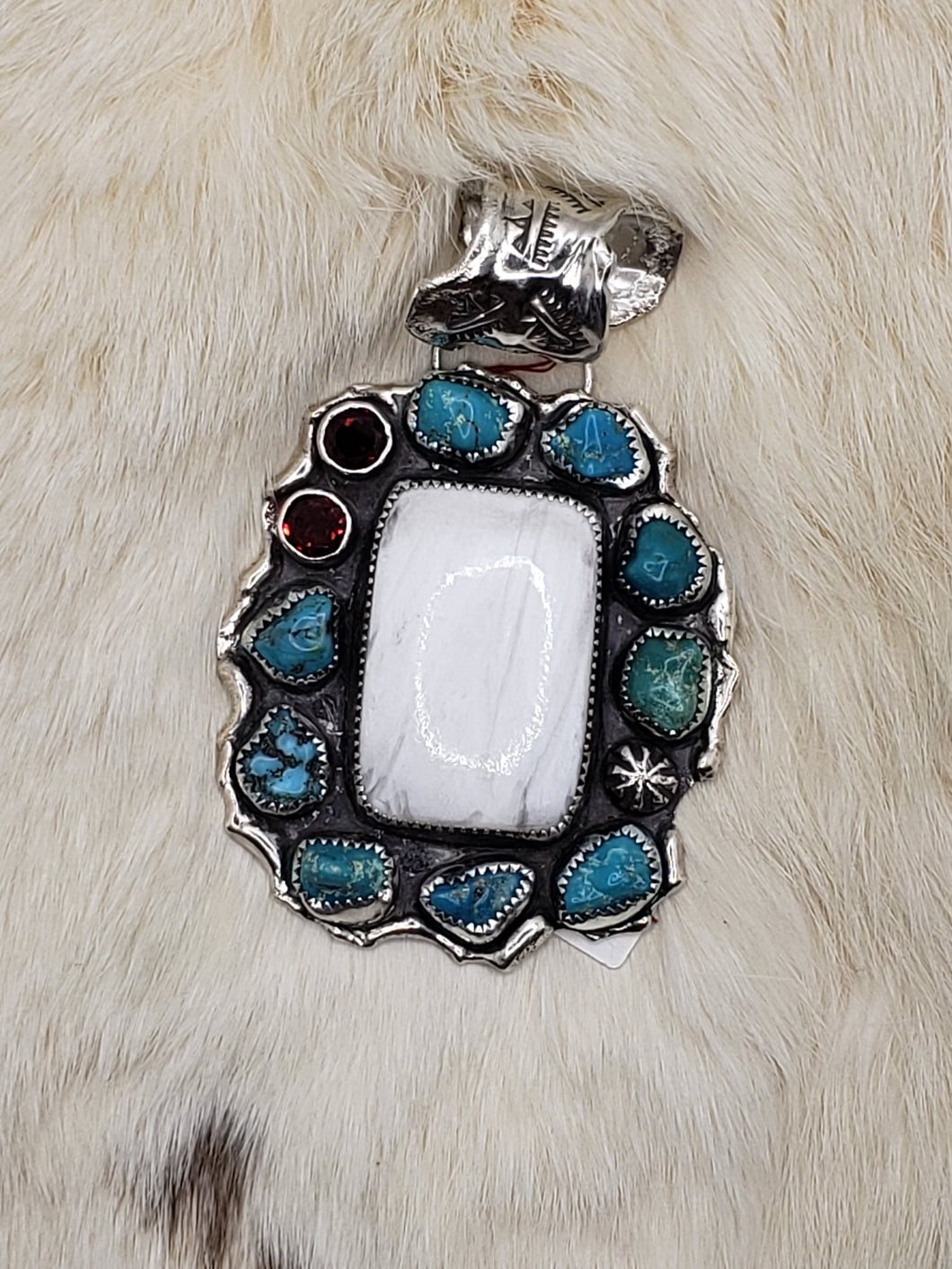 White Scolecite, Turquoise and Garnet Cluster Pendant