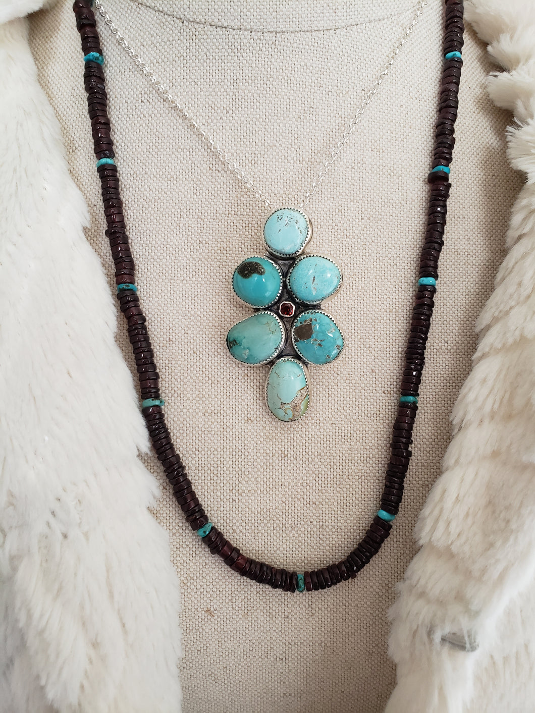 Cluster Royston Turquoise and Garnet  Pendant