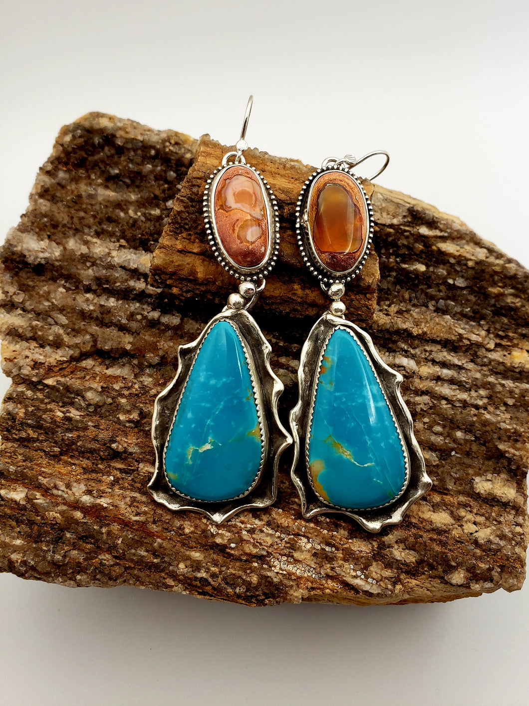 Blue Tyrone Turquoise and Mexican Fire Opal Earrings