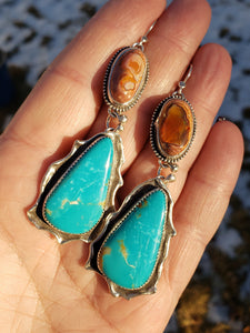 Blue Tyrone Turquoise and Mexican Fire Opal Earrings