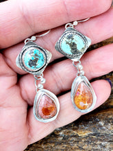 Load image into Gallery viewer, Mexican Fire Opal and Royston Turquoise Earrings
