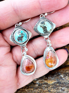 Mexican Fire Opal and Royston Turquoise Earrings