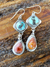 Load image into Gallery viewer, Mexican Fire Opal and Royston Turquoise Earrings
