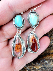 Mexican Fire Opal and Royston Turquoise Earrings