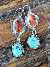 Load image into Gallery viewer, Mexican Fire Opal and Royston Turquoise Earrings
