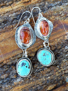 Mexican Fire Opal and Royston Turquoise Earrings