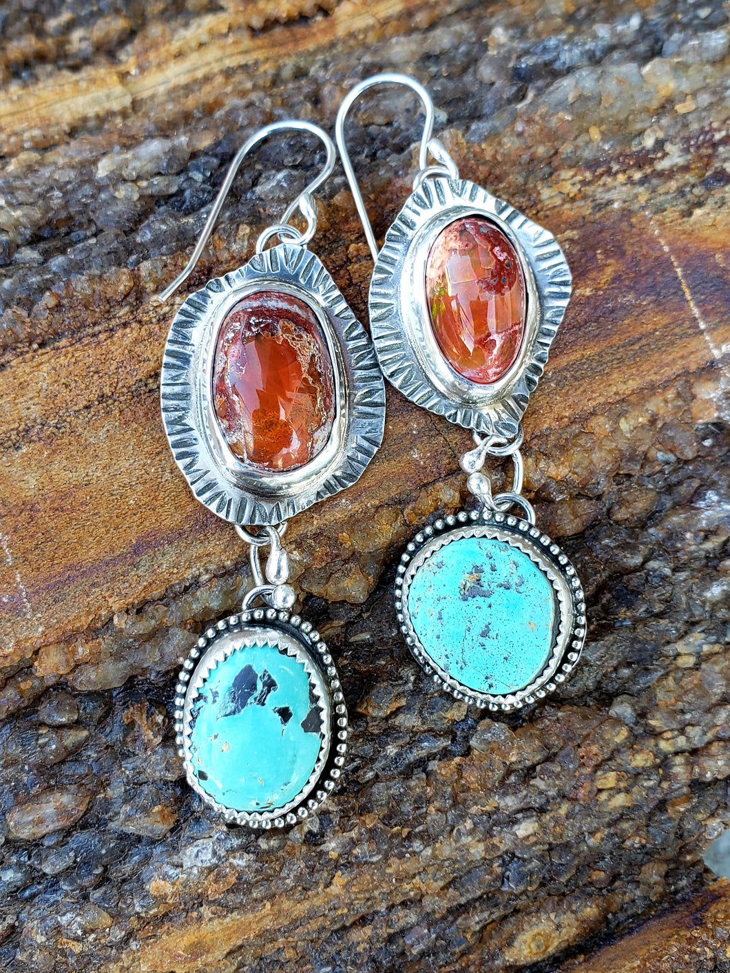 Mexican Fire Opal and Royston Turquoise Earrings