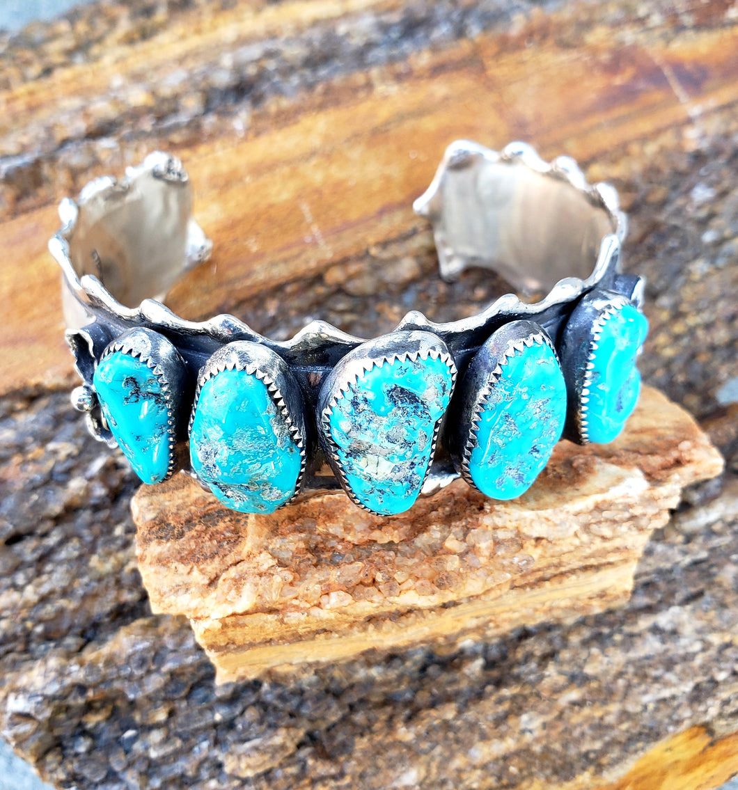 Five Kingman Turquoise Nugget Ruffle Cuff