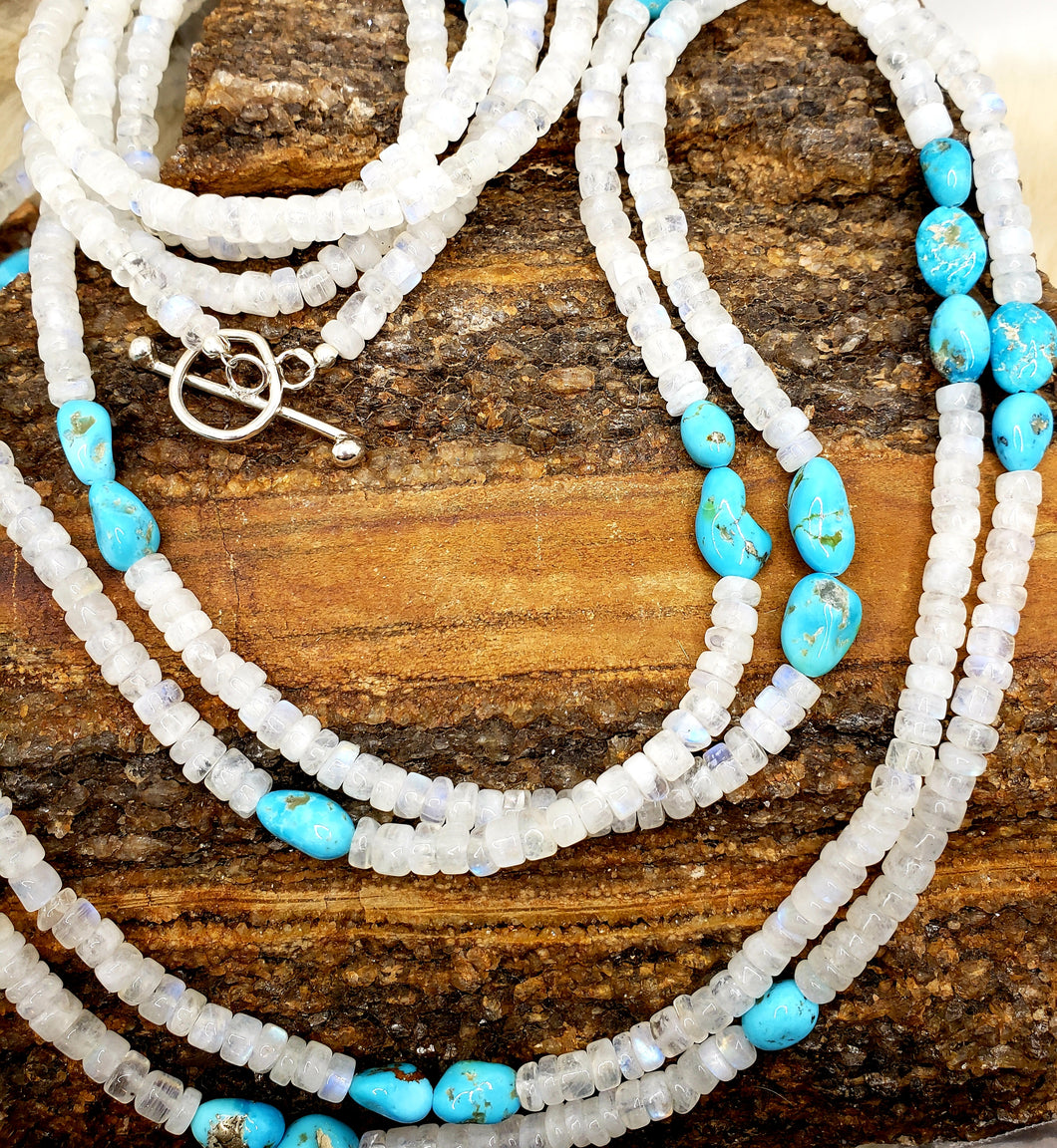 Rainbow Moonstone and Genuine Turquoise Pebble Necklace