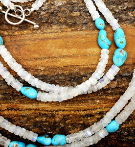 Rainbow Moonstone and Genuine Turquoise Pebble Necklace