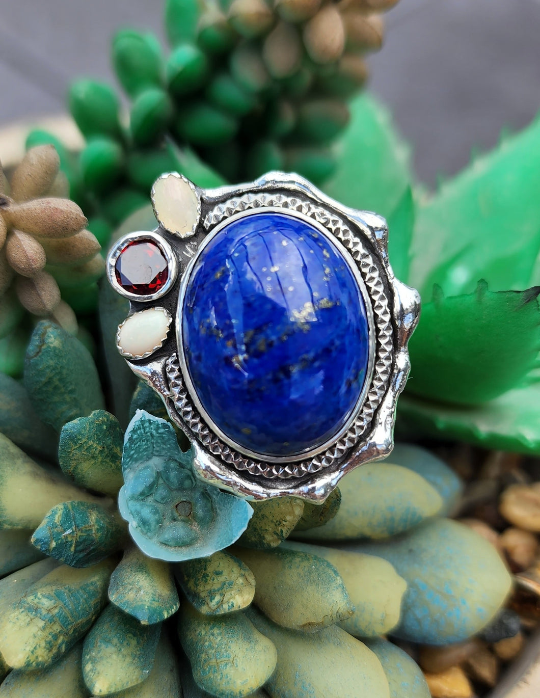 Blue Lapis Lazuli, Opals and Garnet Ring