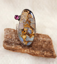 Load image into Gallery viewer, Australian Boulder Opal with Garnet or Ruby Ring
