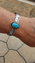 Load and play video in Gallery viewer, Blue Kingman Turquoise Graffiti-Stamped Ruffle Cuff
