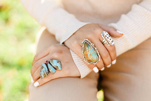 No. 8 Turquoise and Garnet  Half-Cluster Ring