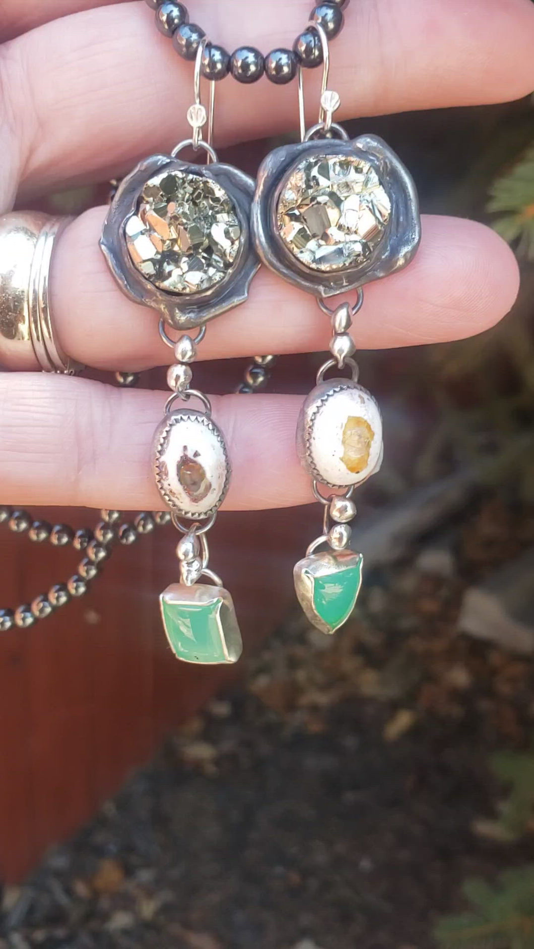 Pyrite- Mexican Opal- Chrysoprase Earrings